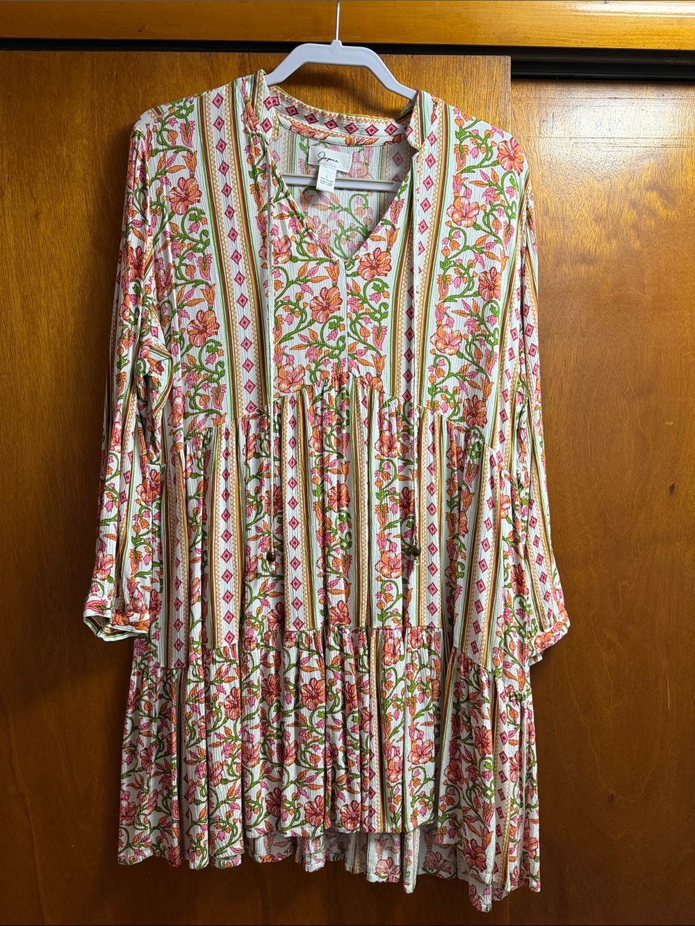 Floral Tiered V-Neck Dress in Pink and Green